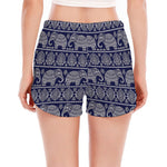 White And Blue Indian Elephant Print Women's Split Running Shorts