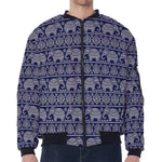White And Blue Indian Elephant Print Zip Sleeve Bomber Jacket