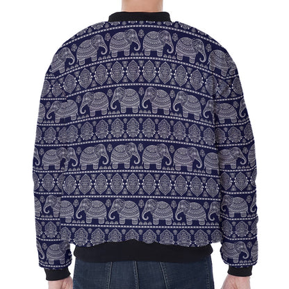 White And Blue Indian Elephant Print Zip Sleeve Bomber Jacket
