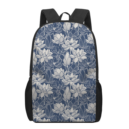 White And Blue Lotus Flower Print 17 Inch Backpack