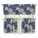 White And Blue Lotus Flower Print 3 Piece Kitchen Curtains