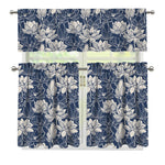 White And Blue Lotus Flower Print 3 Piece Kitchen Curtains