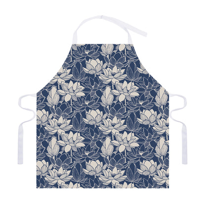 White And Blue Lotus Flower Print Adjustable Apron