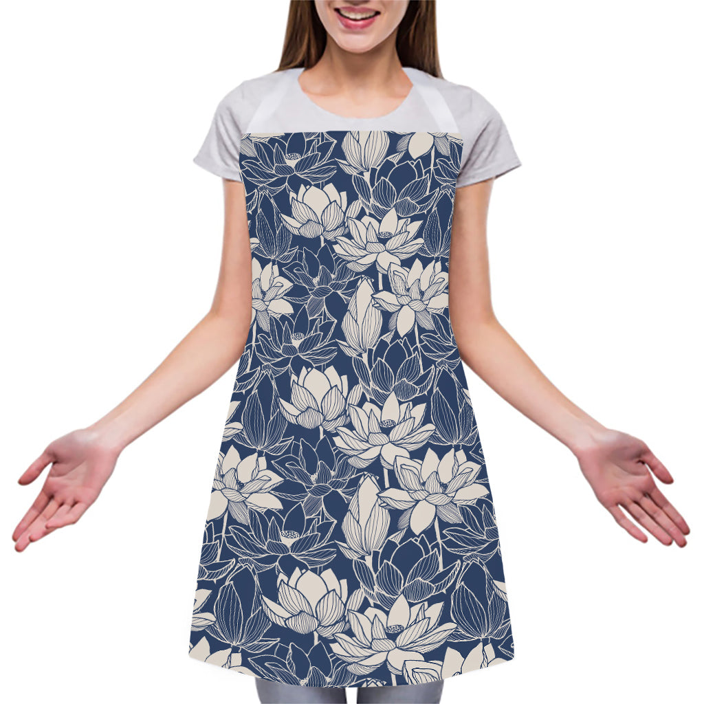 White And Blue Lotus Flower Print Adjustable Apron