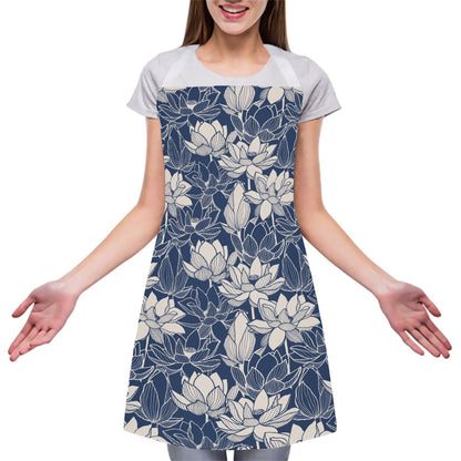 White And Blue Lotus Flower Print Adjustable Apron