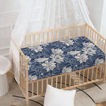 White And Blue Lotus Flower Print Baby Crib Sheet