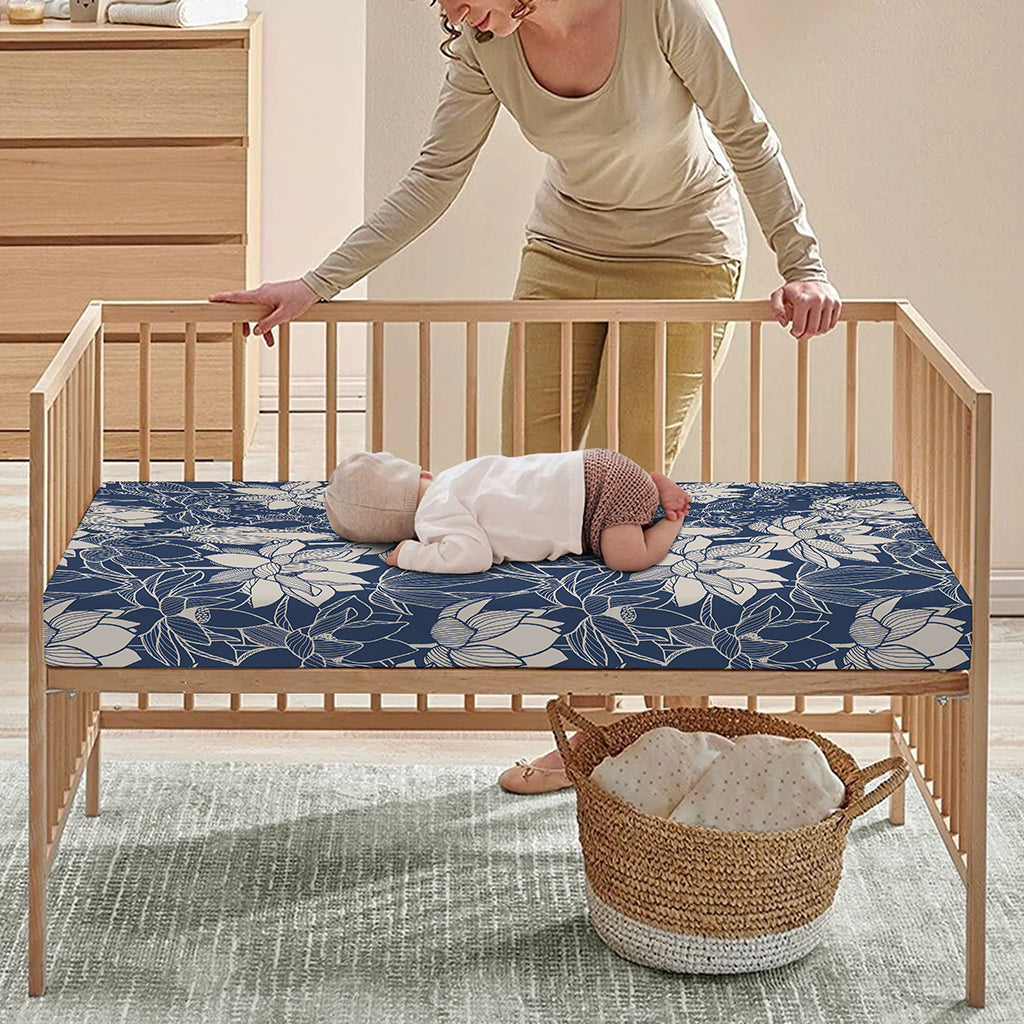 White And Blue Lotus Flower Print Baby Crib Sheet