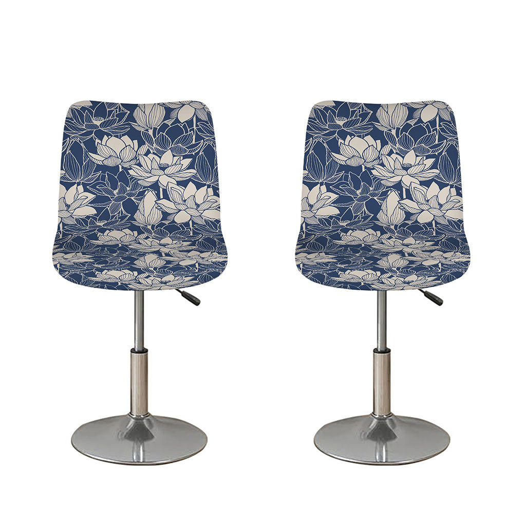 White And Blue Lotus Flower Print Bar Stool Covers