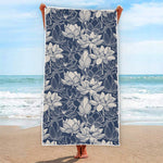 White And Blue Lotus Flower Print Beach Towel