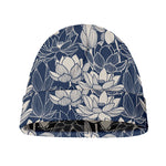 White And Blue Lotus Flower Print Beanie