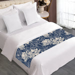 White And Blue Lotus Flower Print Bed Runner