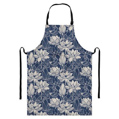 White And Blue Lotus Flower Print Bib Apron With Pocket