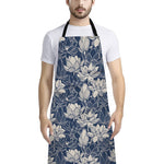 White And Blue Lotus Flower Print Bib Apron With Pocket