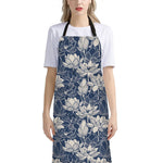 White And Blue Lotus Flower Print Bib Apron With Pocket