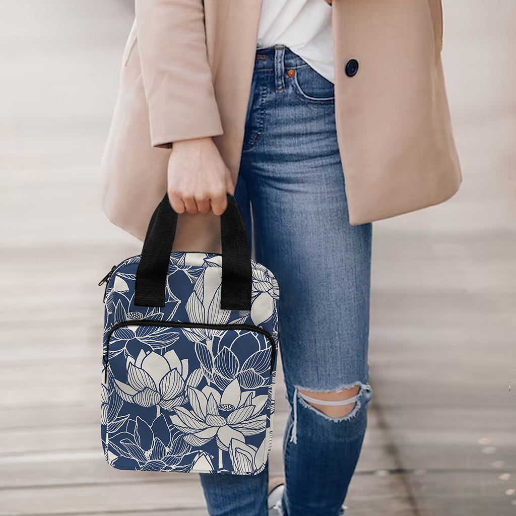 White And Blue Lotus Flower Print Bible Tote Bag