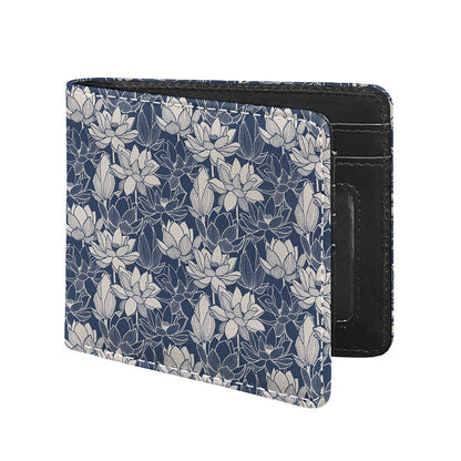 White And Blue Lotus Flower Print Bifold Wallet