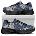 White And Blue Lotus Flower Print Black Chunky Shoes