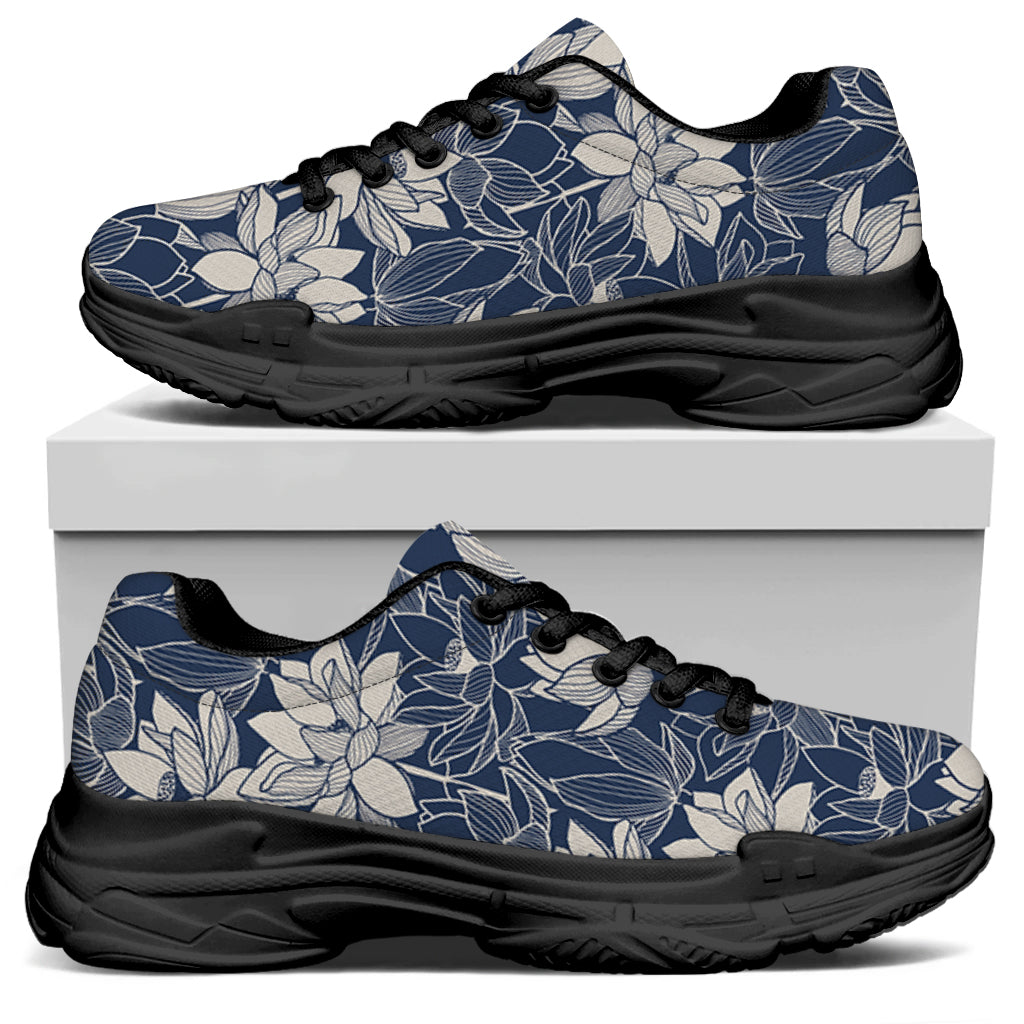 White And Blue Lotus Flower Print Black Chunky Shoes
