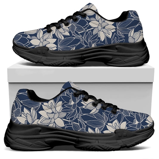 White And Blue Lotus Flower Print Black Chunky Shoes