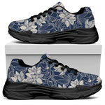 White And Blue Lotus Flower Print Black Chunky Shoes