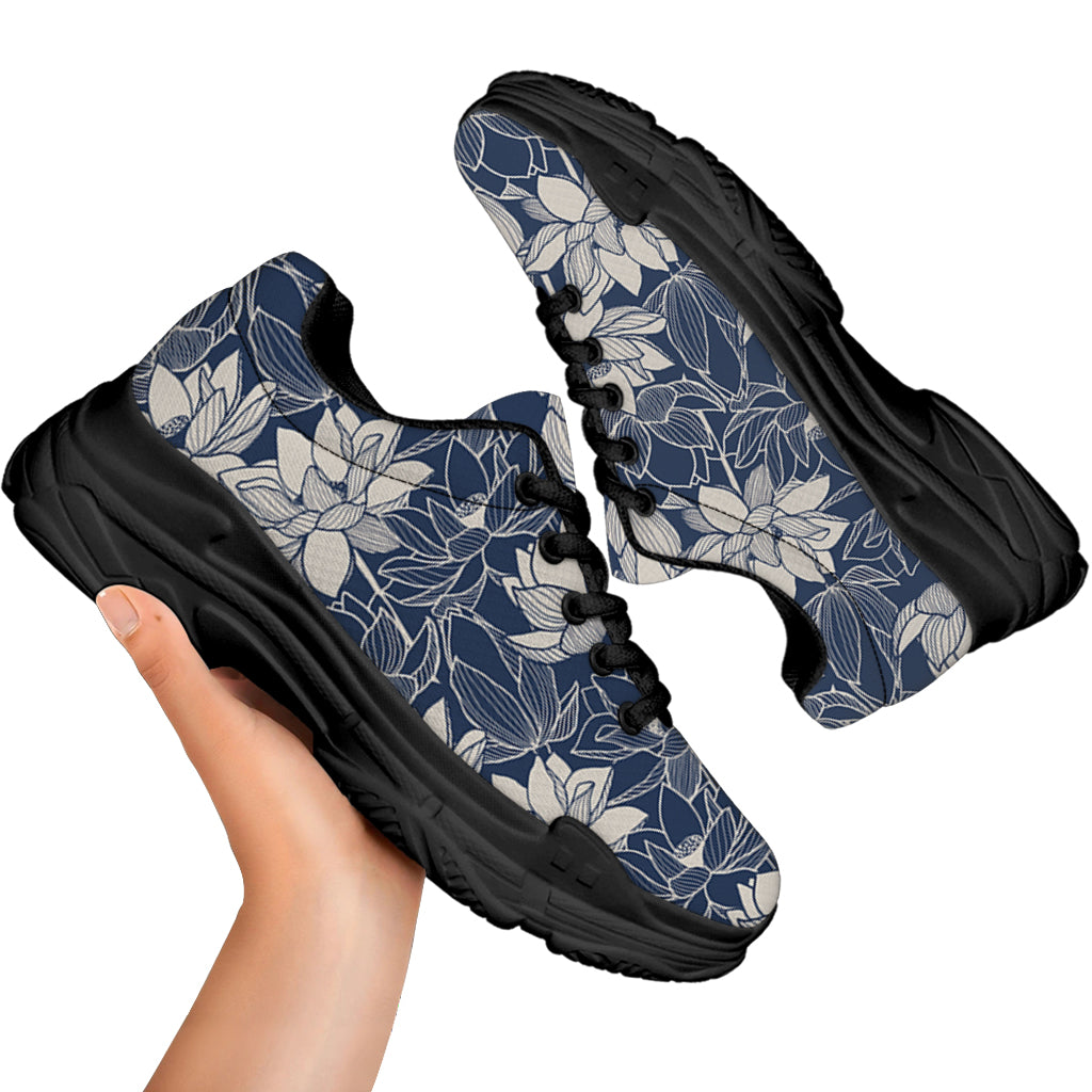 White And Blue Lotus Flower Print Black Chunky Shoes
