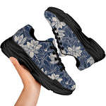 White And Blue Lotus Flower Print Black Chunky Shoes