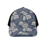 White And Blue Lotus Flower Print Black Mesh Trucker Cap