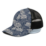 White And Blue Lotus Flower Print Black Mesh Trucker Cap
