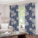 White And Blue Lotus Flower Print Blackout Grommet Curtains