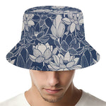 White And Blue Lotus Flower Print Bucket Hat