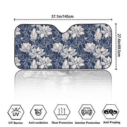 White And Blue Lotus Flower Print Car Windshield Sun Shade