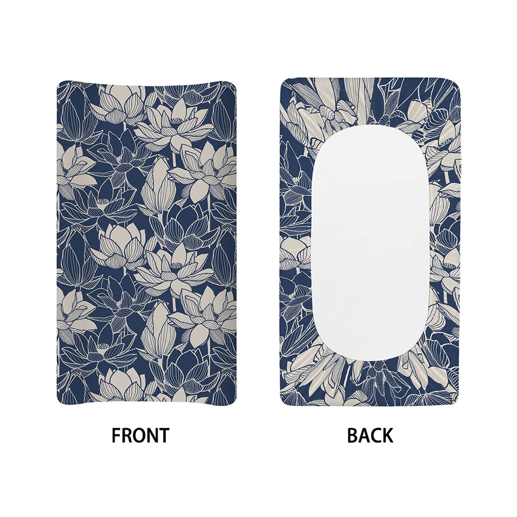 White And Blue Lotus Flower Print Changing Pad Cover