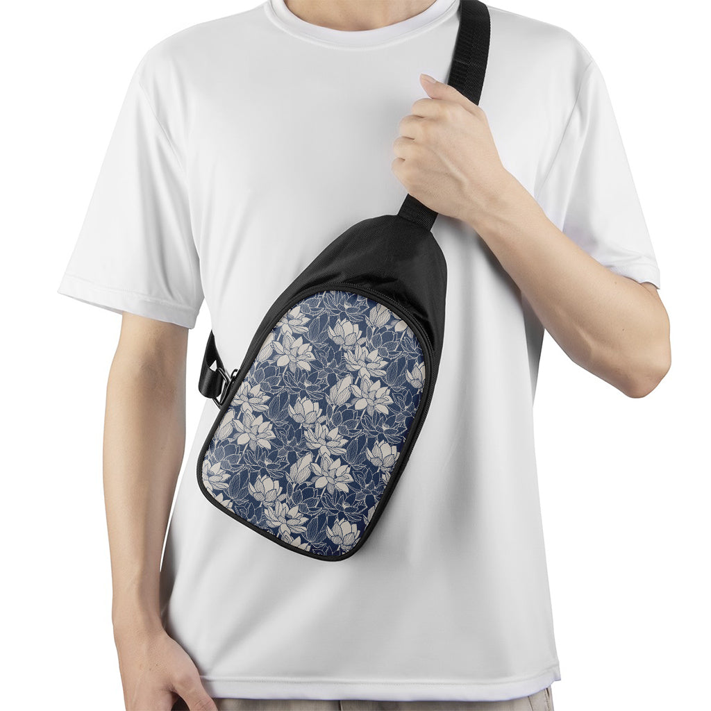 White And Blue Lotus Flower Print Chest Bag