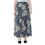 White And Blue Lotus Flower Print Chiffon Maxi Skirt