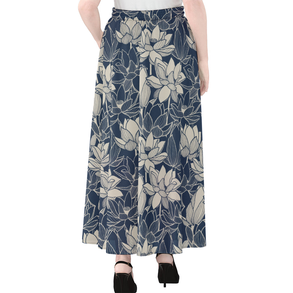 White And Blue Lotus Flower Print Chiffon Maxi Skirt