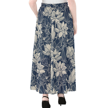 White And Blue Lotus Flower Print Chiffon Maxi Skirt