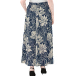 White And Blue Lotus Flower Print Chiffon Maxi Skirt
