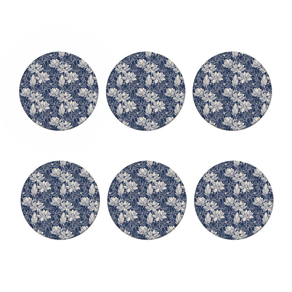 White And Blue Lotus Flower Print Coaster Set