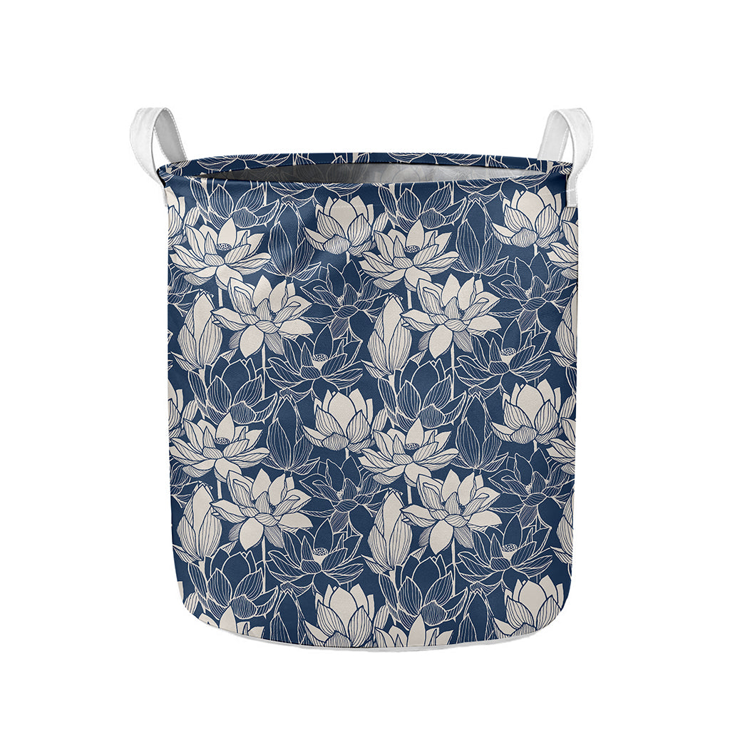 White And Blue Lotus Flower Print Collapsible Laundry Basket