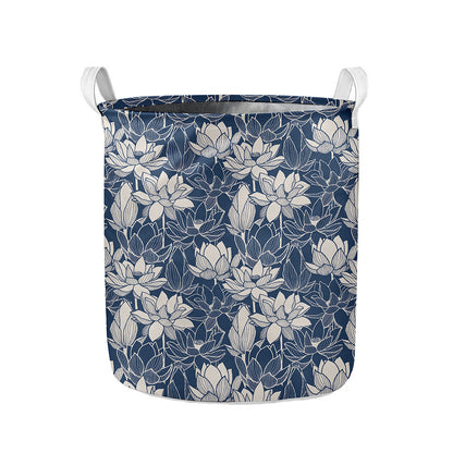 White And Blue Lotus Flower Print Collapsible Laundry Basket