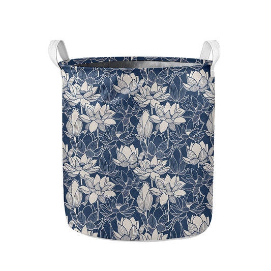 White And Blue Lotus Flower Print Collapsible Laundry Basket