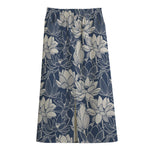 White And Blue Lotus Flower Print Cotton Front Slit Maxi Skirt