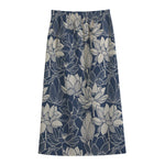 White And Blue Lotus Flower Print Cotton Front Slit Maxi Skirt