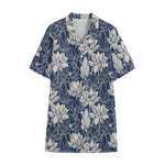 White And Blue Lotus Flower Print Cotton Hawaiian Shirt