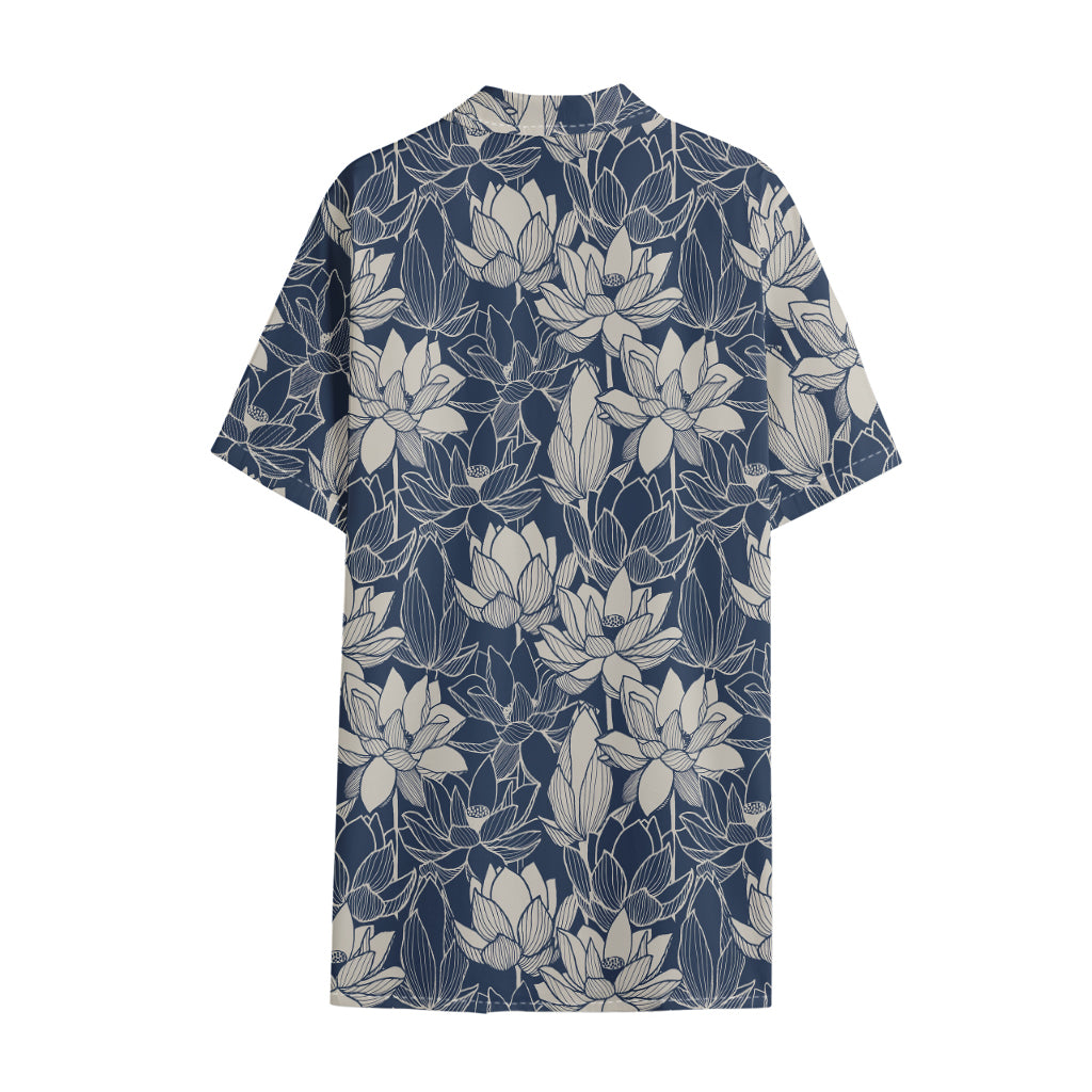 White And Blue Lotus Flower Print Cotton Hawaiian Shirt