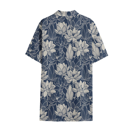 White And Blue Lotus Flower Print Cotton Hawaiian Shirt