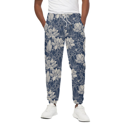 White And Blue Lotus Flower Print Cotton Pants