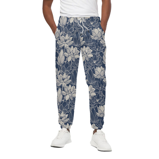 White And Blue Lotus Flower Print Cotton Pants