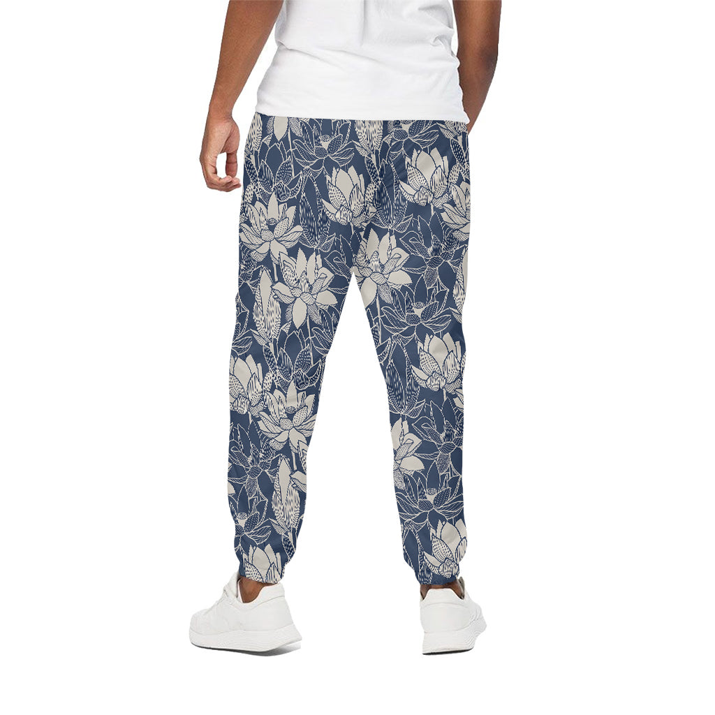 White And Blue Lotus Flower Print Cotton Pants