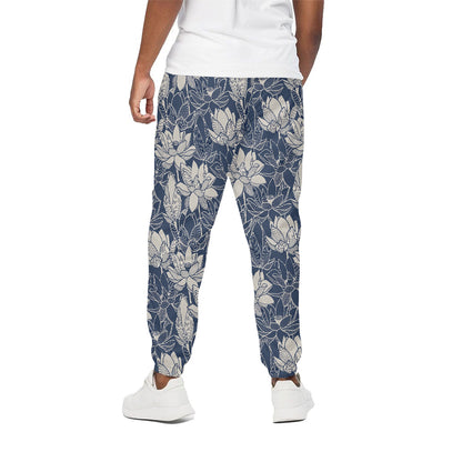 White And Blue Lotus Flower Print Cotton Pants